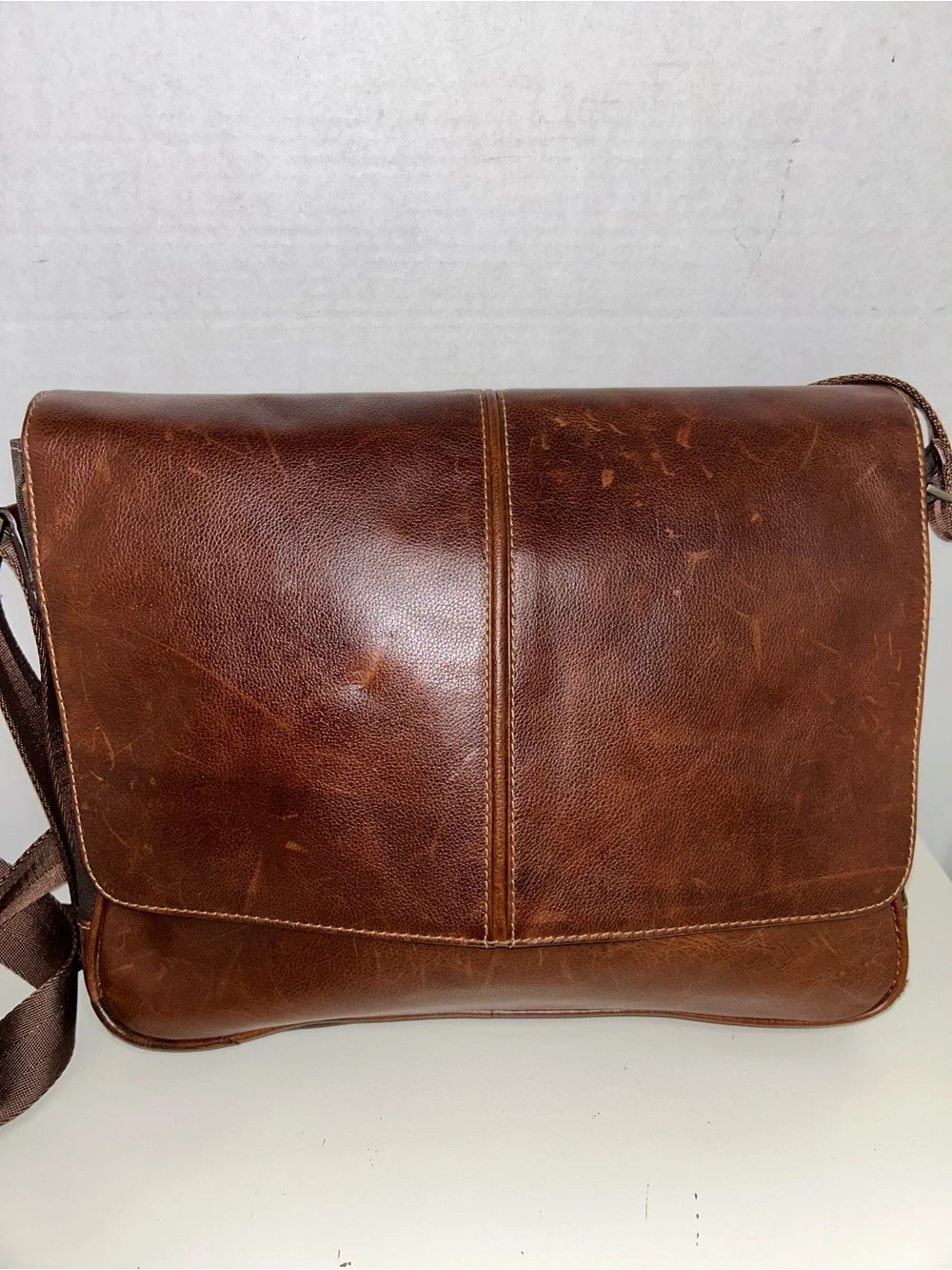 Boconi Brown Leather Laptop Crossbody Messenger Bag
